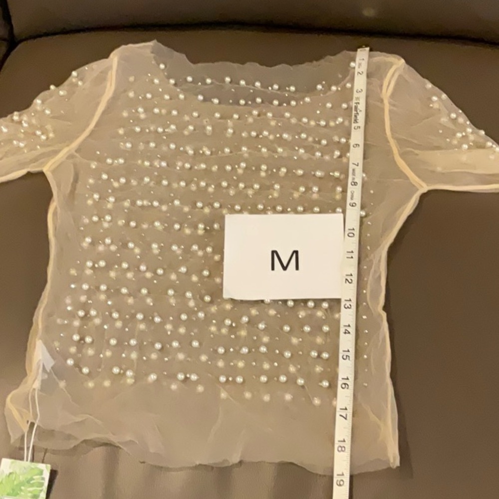 Sheer mesh pearl shiny rhinestone long sleeve blouse - Picture 9 of 16